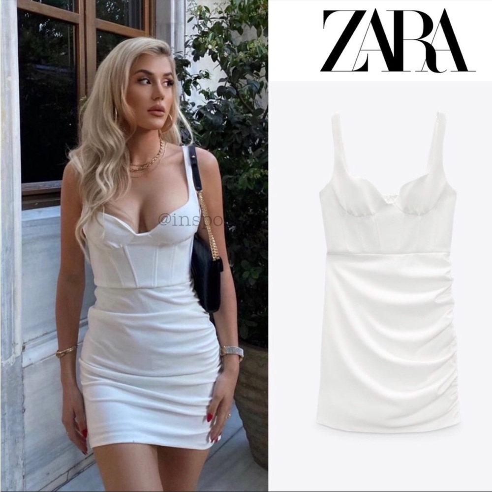 New Zara White Corset Draped Mini Dress